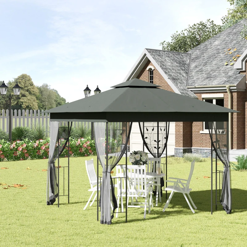Outsunny 10' x 10' Metal Patio Gazebo, Double Roof Outdoor Gazebo Canopy Shelter with Tree Motifs Corner Frame and Netting, for Garden, Lawn, Backyard, and Deck, Gray