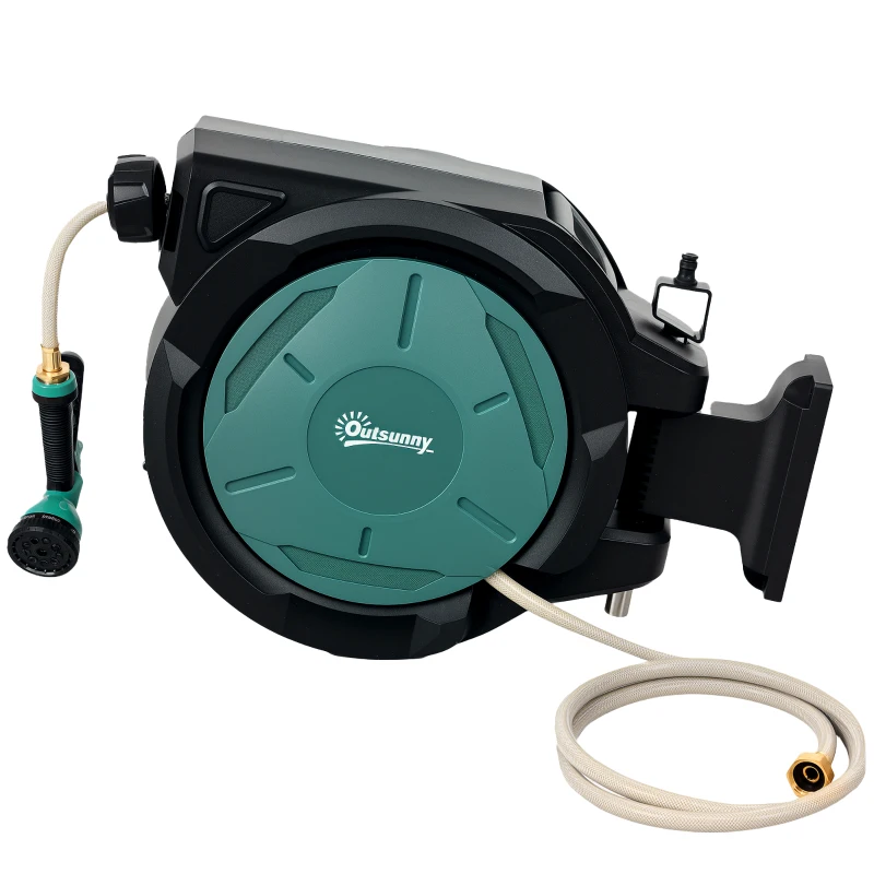 Outsunny 1/2 in x 100ft Wall Mounted Garden Hose Reel, Retractable Water Hose Reel with Auto Rewind, Any Length Lock, Black