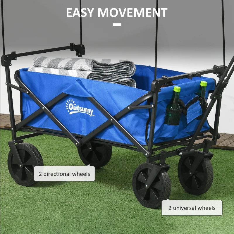 Outsunny Steel Frame Folding Garden Cart, Collapsible Wagon Cart with Removable Canopy, Telescopic Handle and Carrying Bag, Dark Blue