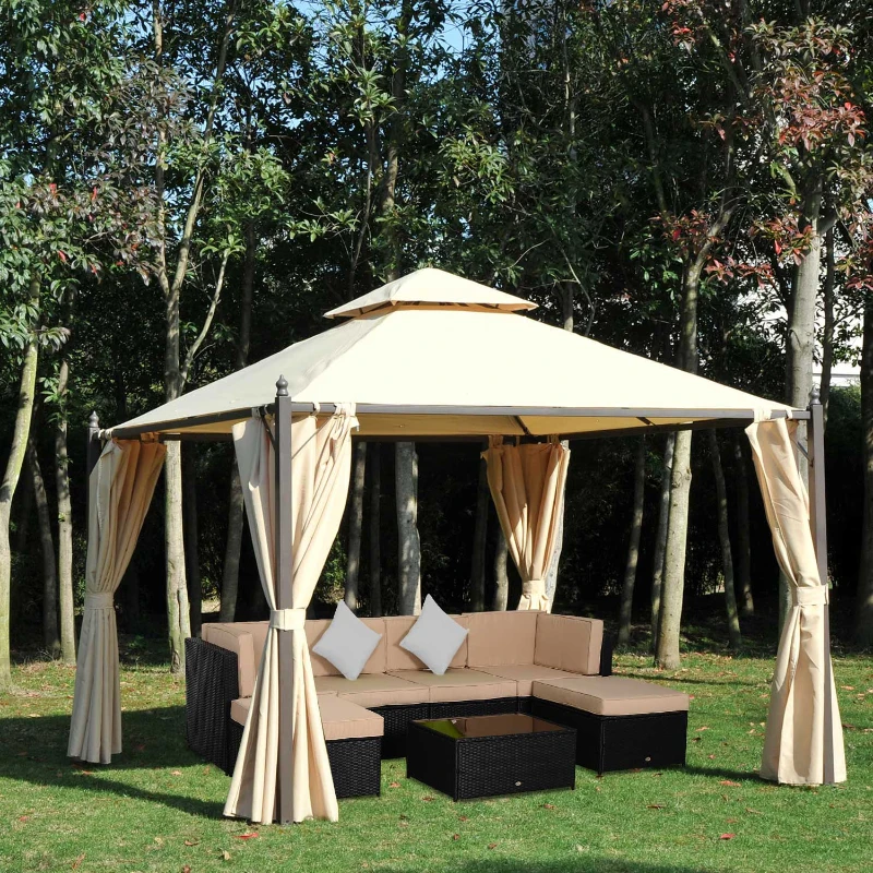 Outsunny 10' x 10' Steel Outdoor Patio Gazebo with Polyester Privacy Curtains, Two-Tier Roof for Air, Large Design