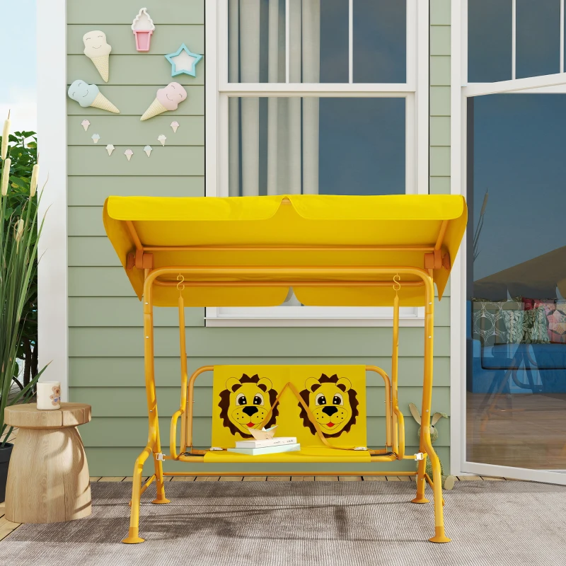 Qaba Kids Patio Swing Chair with Adjustable Canopy, Safety Belt for Patio, Garden, Poolside, Balcony, Yellow