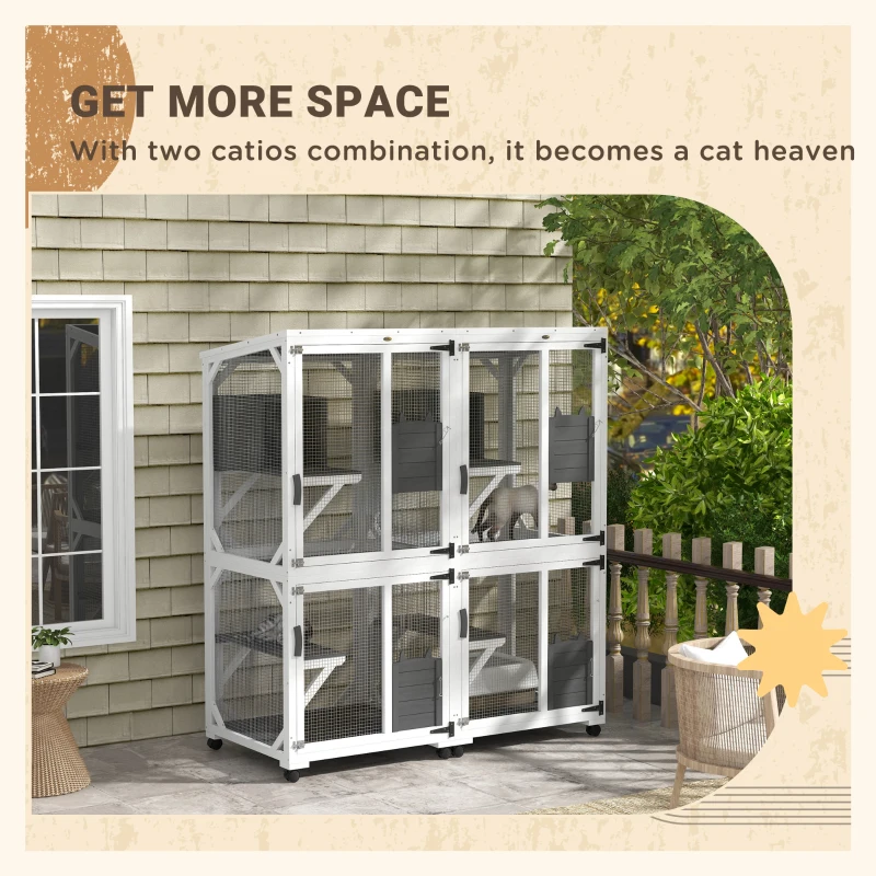 PawHut Catio Outdoor, Elevated Design, with Wheels, Resting Box, Water-Resistant, Multi Platforms, White & Grey