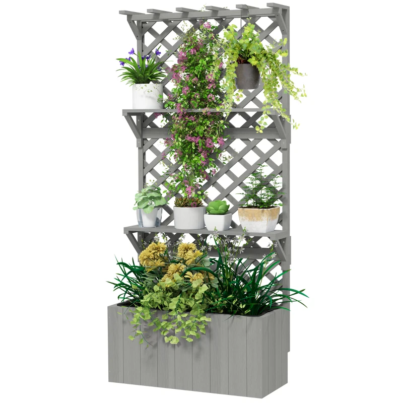 Outsunny Raised Garden Bed, Wooden Planter with Trellis, Hanging Roof, Plant Shelf, Drainage Holes and Bed Liner, Grey