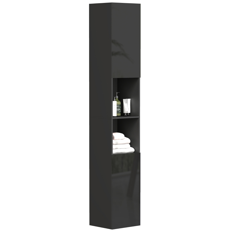 kleankin Tall Bathroom Cabinet, High Gloss Storage Cabinet with Doors and Adjustable Shelves, 11.8" x 11.8" x 71.5", Black