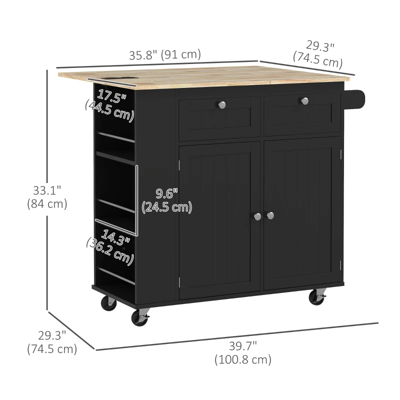 HOMCOM Kitchen Island with Power Outlet and Drop Leaf, Rolling Kitchen Cart with 2 Drawers and Adjustable Shelves, Black