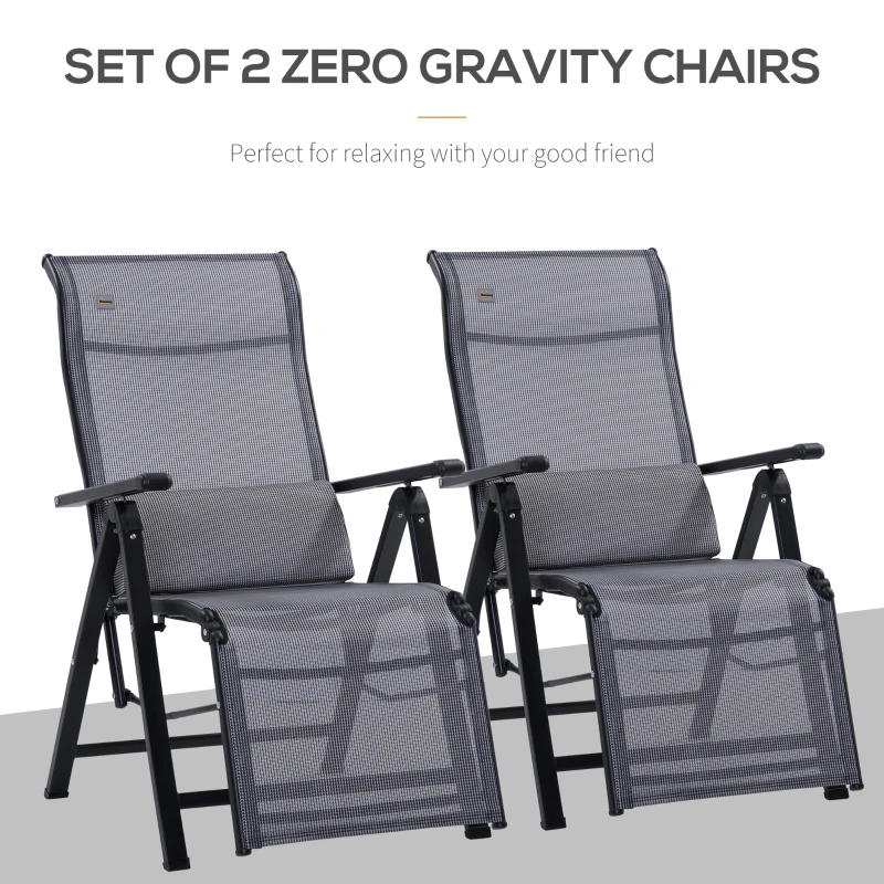 Outsunny 2 Piece Zero Gravity Chairs Set, Folding Recliners, Patio Loungers with 9 Level Adjustable Backrest, Lumbar Pillow for Outdoor, Patio, Deck, Poolside, Grey