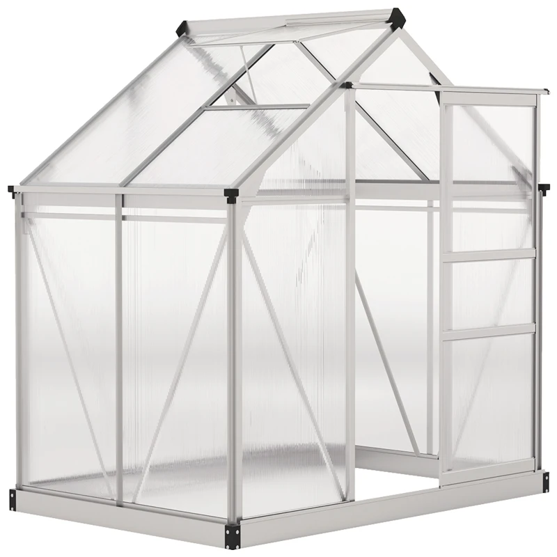 Outsunny 6' x 4' x 6.6' Polycarbonate Greenhouse, Walk-In Green House Kit Garden, Plants Grow, Galvanized Sheet Aluminum Frame with Rain Gutter, Vent and Sliding Door, Silver