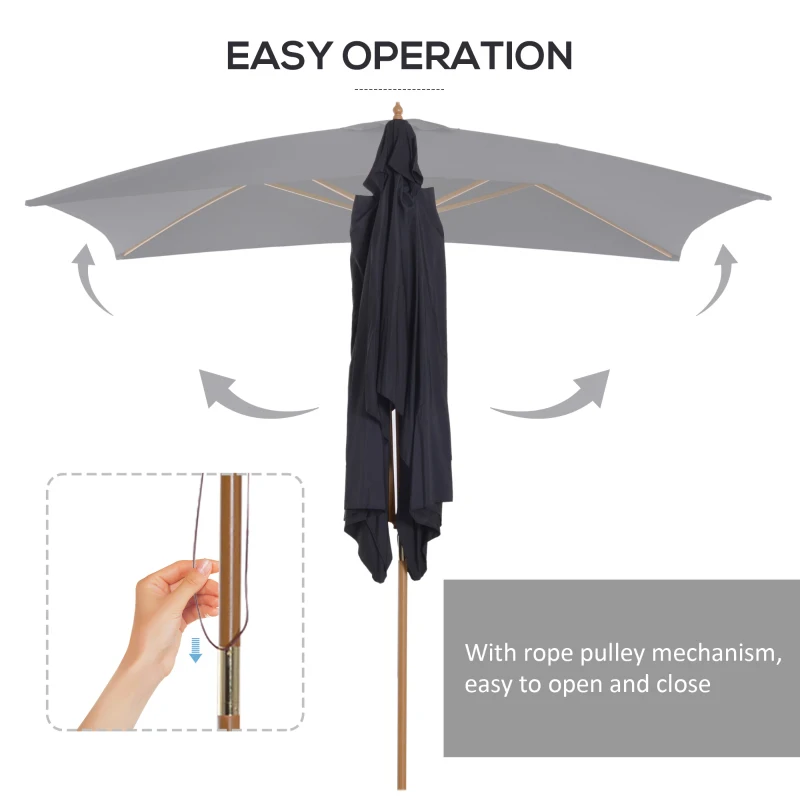 Outsunny 7' x 10' Wooden Patio Umbrella Rectangle Garden Parasol Outdoor Sunshade Canopy with Bamboo Ribs for Garden Black