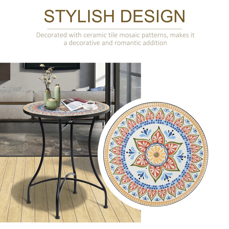 Outsunny Mosaic Patio Table, Round Coffee Table with Metal Frame, Garden Furniture for Outdoor, Poolside, Red