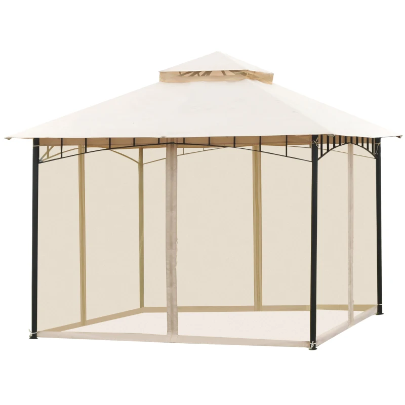 Outsunny 10' x 10' Outdoor Patio Gazebo Canopy Tent with Mesh Sidewalls, 2-Tier Canopy for Backyard, Beige