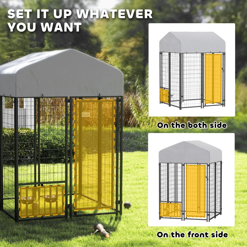 PawHut Welded Wire Outdoor Dog Kennel with 360° Rotating & 4 Levels Adjustable Bowls, Waterproof Cover, 3.9' x 3.9' x 6'