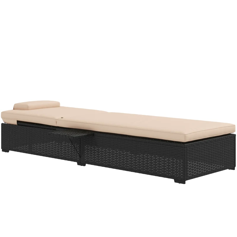 Outsunny Outdoor Patio Lounger with Cushion, 5-Level Reclining Wicker Chaise Lounge Chair with Tea Tray, for Poolside, Patio, Deck, 264lb Weight Capacity, Beige