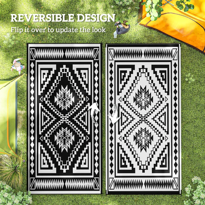 Outsunny Reversible Outdoor Rug, Waterproof Plastic Straw with Carry Bag, 9' x 18', Black & White Square Patchwork