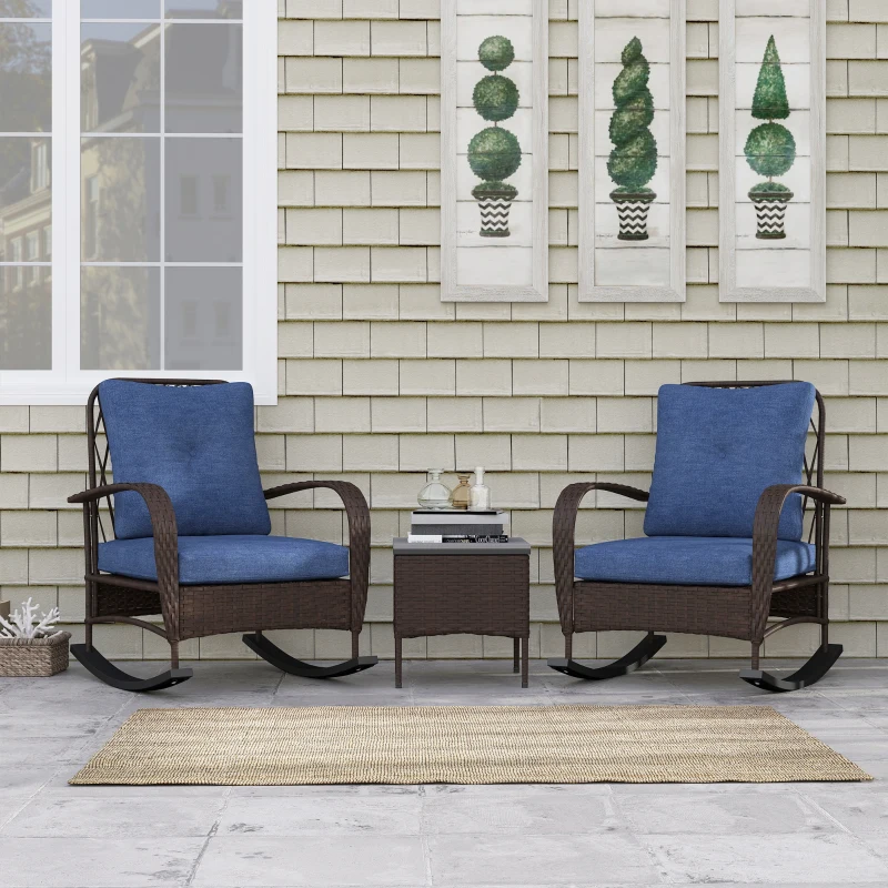 Outsunny 3 Piece Wicker Patio Furniture Set, Outdoor PE Rattan Rocking Chairs with Coffee Table, Cushions for Porch, Brown