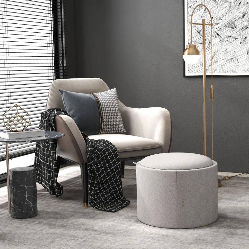 HOMCOM Round Storage Ottoman Coffee Table with Flip Top Tray, Linen Fabric Upholstered Footstool with Hidden Compartment