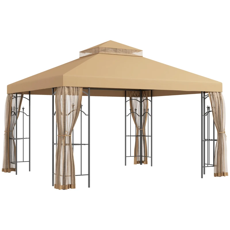 Outsunny 10' x 12' Patio Gazebo with Corner Frame Shelves, Double Roof Outdoor Gazebo Canopy Shelter with Netting, Brown