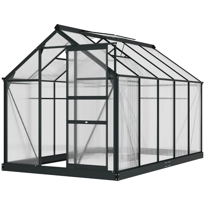 Outsunny 6' x 10' x 6.6' Polycarbonate Greenhouse, Walk-In Green House Kit Garden, Plants Grow, Galvanized Sheet Aluminum Frame with Rain Gutter, Vents and Sliding Door, Grey