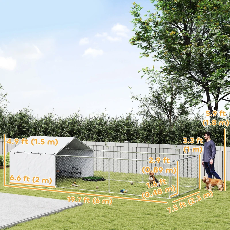 PawHut Galvanized Steel Dog Kennel Outdoor with Waterproof & UV-Resistant Cover for Large Dogs, 19.7' x 7.5' x 4.9'