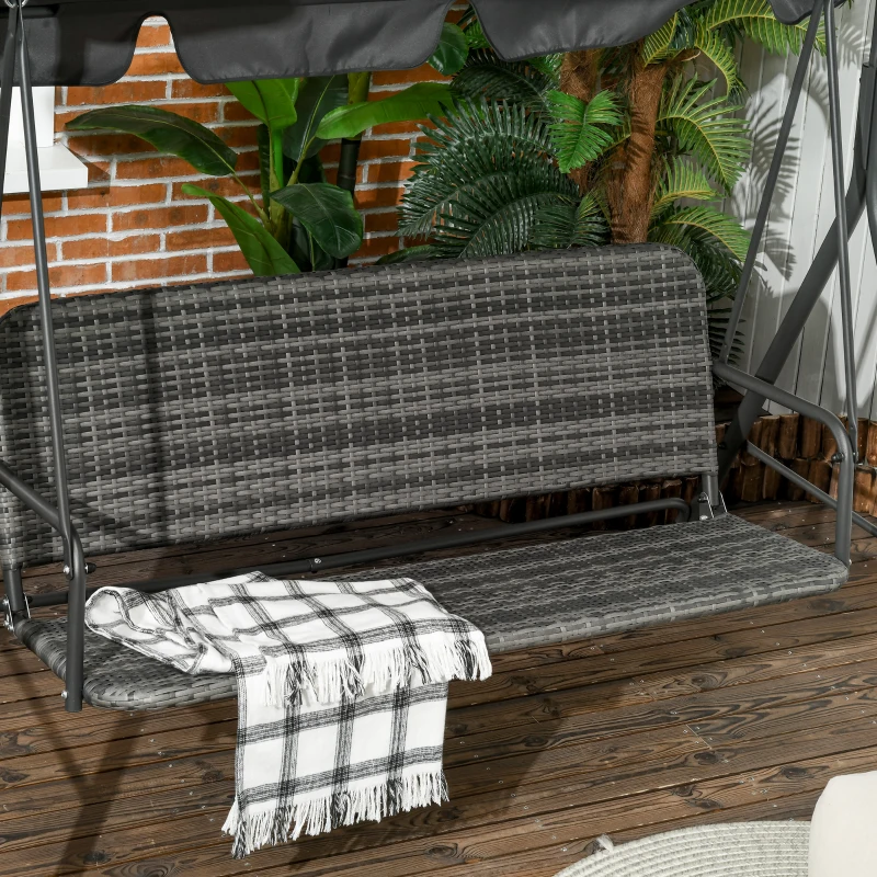 Outsunny 3 Seater Rattan Outdoor Patio Swing with Adjustable Canopy and Stand for Garden Porck Backyard, Grey