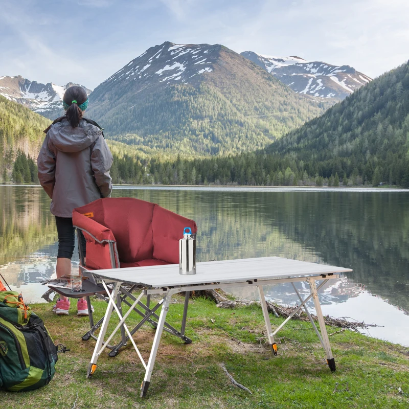 Outsunny 4FT Folding Aluminium Picnic Table Portable Camping BBQ Table Roll Up Top Mesh Layer Rack with Carrying Bag Silver