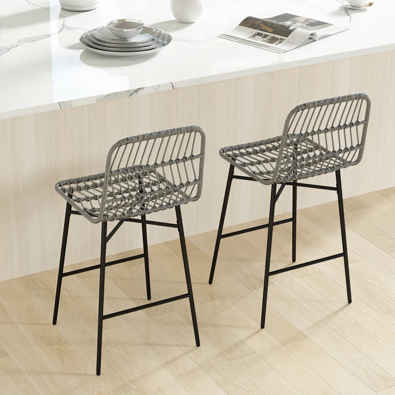 HOMCOM Rattan Counter Height Bar Stools Set of 2, 26" Counter Stools with Back, Modern Bar Chairs for Kitchen Island, Grey