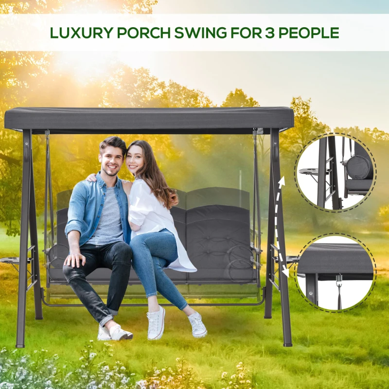 Outsunny Outdoor Patio 3-Person Steel Canopy Cushioned Seat Bench Swing with Included Side Trays & Padded Comfort, Dark Grey