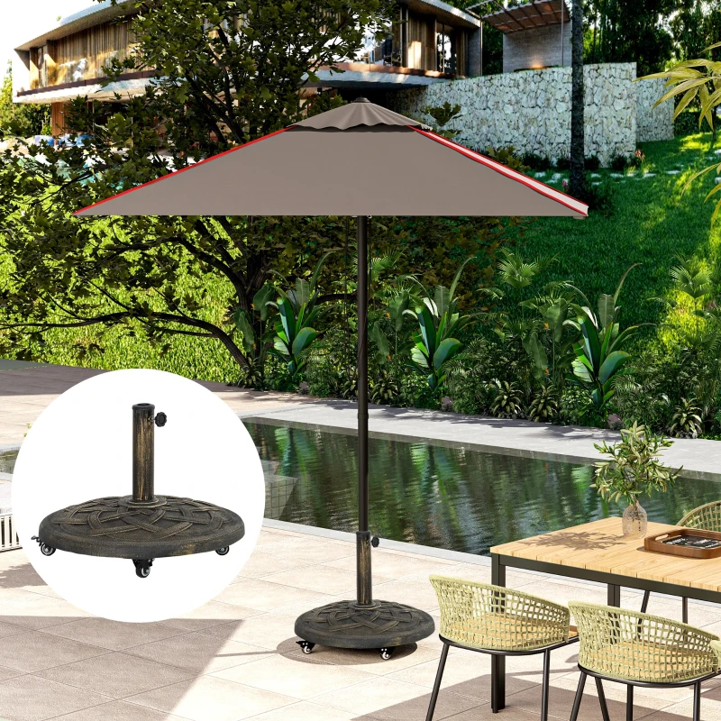 Outsunny Round Patio Umbrella Base with Wheels, 44 lbs Resin Umbrella Stand Base, Heavy Duty Patio Umbrella Holder for 1.3"/1.5"/1.9" Umbrella Poles for Outdoor, Lawn, Poolside, Bronze