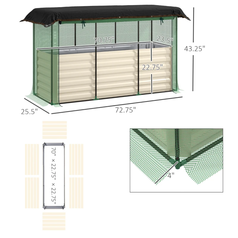 Outsunny Galvanized Steel Planter Box with Crop Cage and Shade Cloth, Raised Garden Bed for Flowers, Veggies and Herbs, Beige