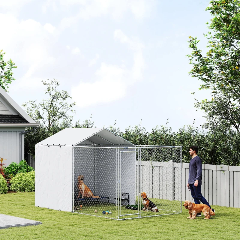 PawHut Galvanized Steel Dog Kennel Outdoor with Waterproof & UV-Resistant Cover for Large Dogs, 13.1' x 7.5' x 7.5'