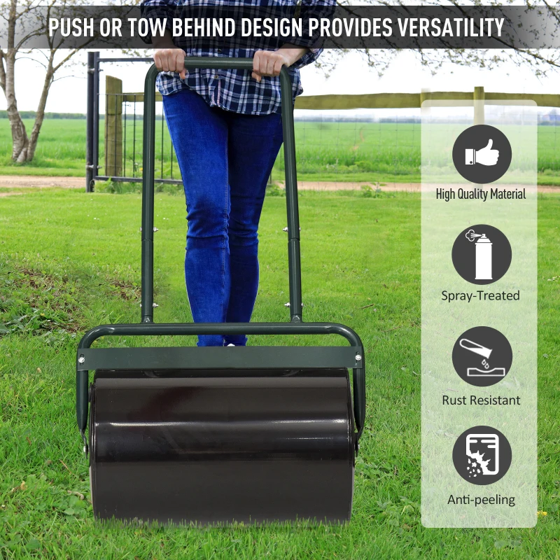 Outsunny 20-Inch Push/Tow Behind Lawn Roller Filled with 10 Gal Water or Sand for Flattening Sod in the Garden, Dark Green