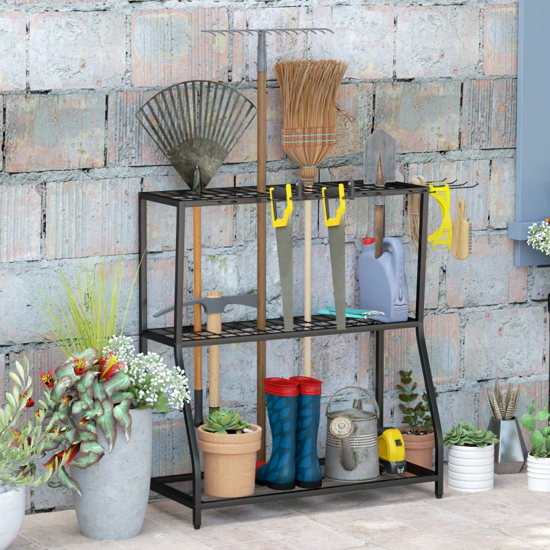 Outsunny 3-Tier Yard Tool Tower Rack, Garden Tool Organizer with Hooks for Long-Handled Rakes, Shovel, Broom, Black