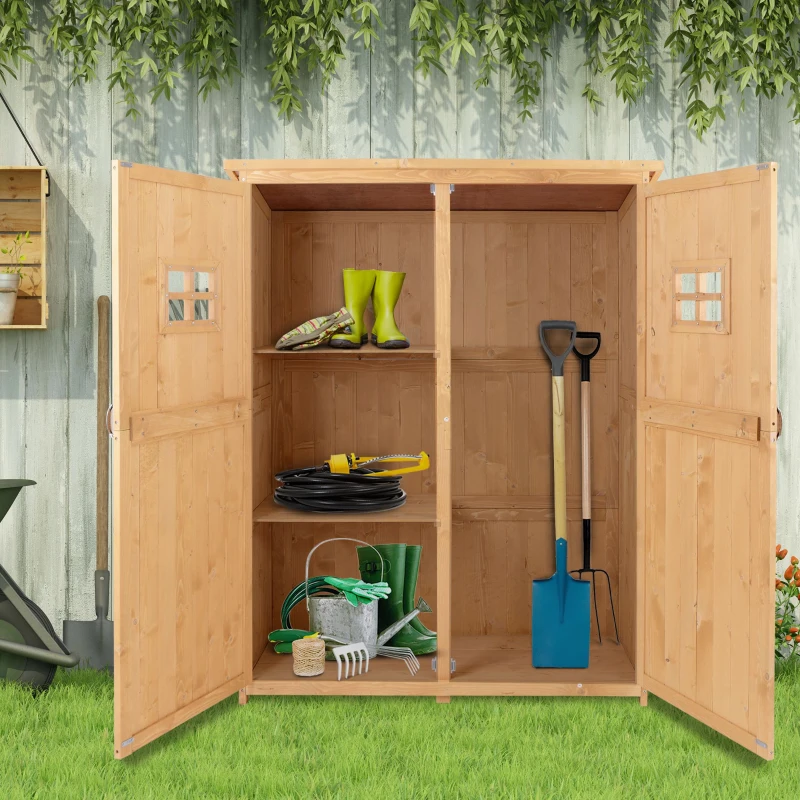 Outsunny 4x1.5ft Wooden Garden Storage Shed, Outdoor Tool Cabinet Organizer with Windows and Double Door, Nature Wood
