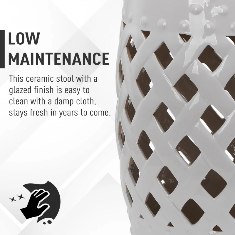 Outsunny 18" Ceramic Garden Stool with Woven Lattice Design, Indoor & Outdoor Decorative Accent Stool, White