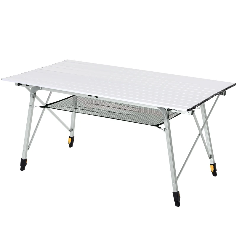 Outsunny 4FT Folding Aluminium Picnic Table Portable Camping BBQ Table Roll Up Top Mesh Layer Rack with Carrying Bag Silver