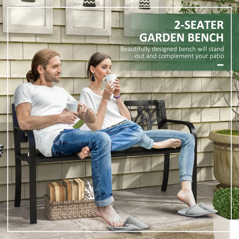 Outsunny 49" Metal Outdoor Bench Patio Bench with Curved Arms and Slatted Seat for Patio, Backyard, Lawn