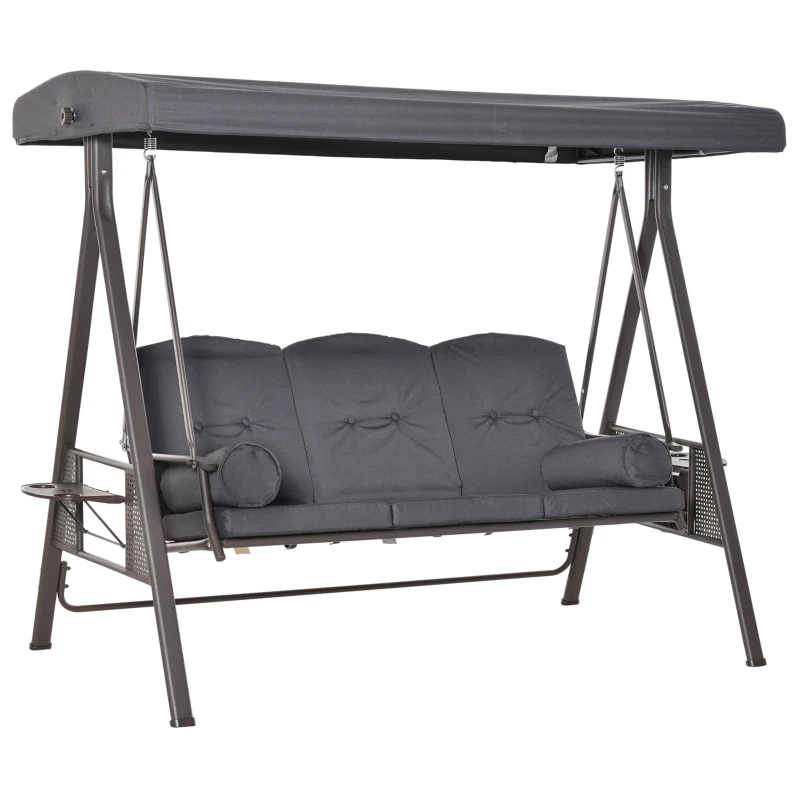 Outsunny Outdoor Patio 3-Person Steel Canopy Cushioned Seat Bench Swing with Included Side Trays & Padded Comfort, Dark Grey