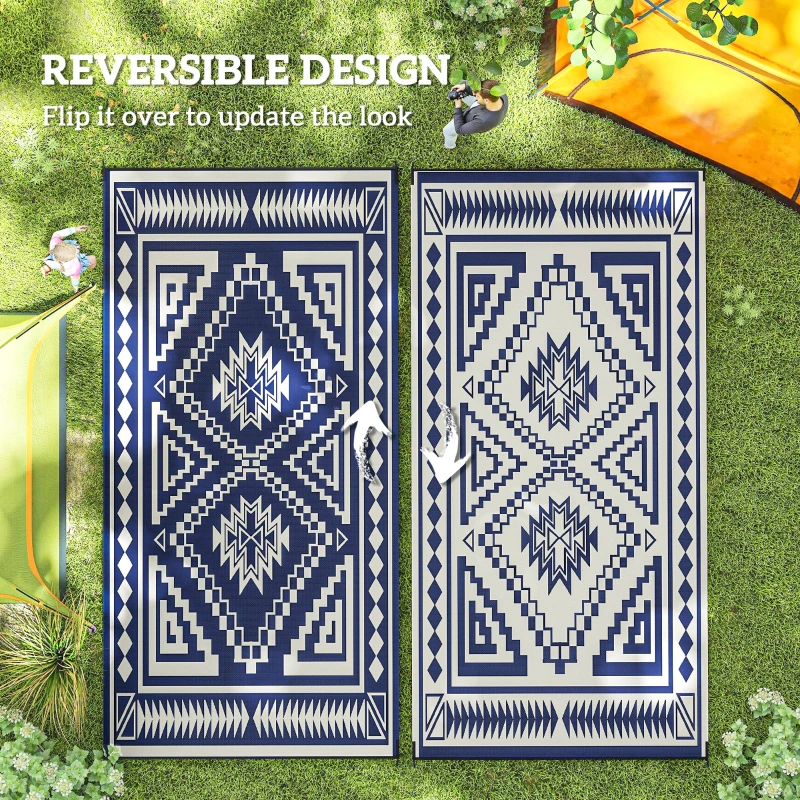 Outsunny Reversible Outdoor Rug, Waterproof Plastic Straw with Carry Bag, 9' x 18', Blue & White Square Patchwork