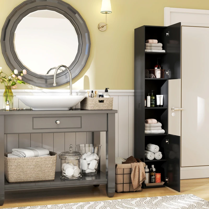 kleankin Tall Bathroom Cabinet, High Gloss Storage Cabinet with Doors and Adjustable Shelves, 11.8" x 11.8" x 71.5", Black