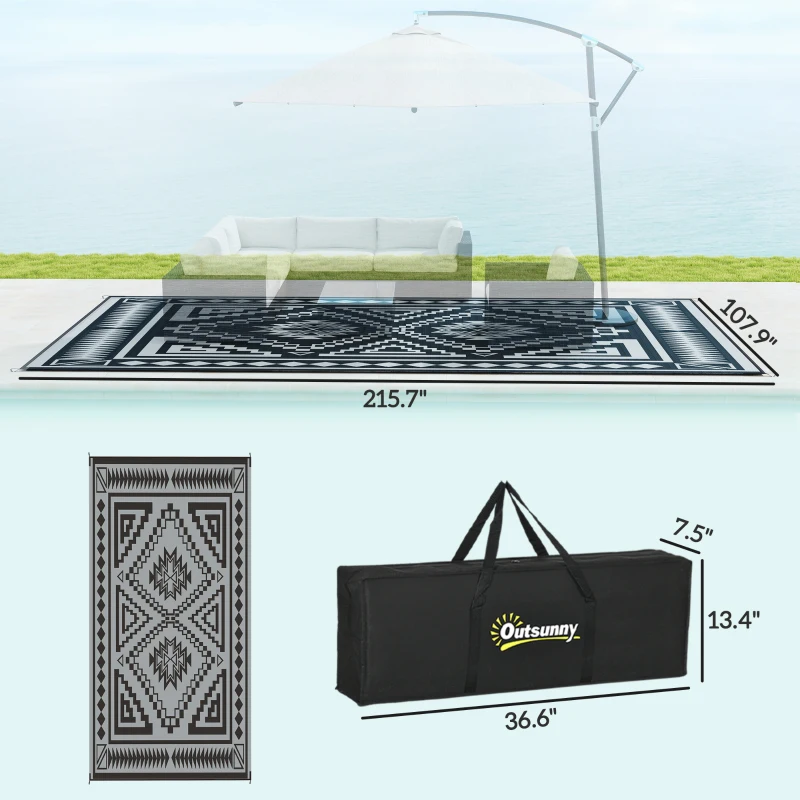 Outsunny Reversible Outdoor Rug, Waterproof Plastic Straw with Carry Bag, 9' x 18', Black & Gray Square Patchwork