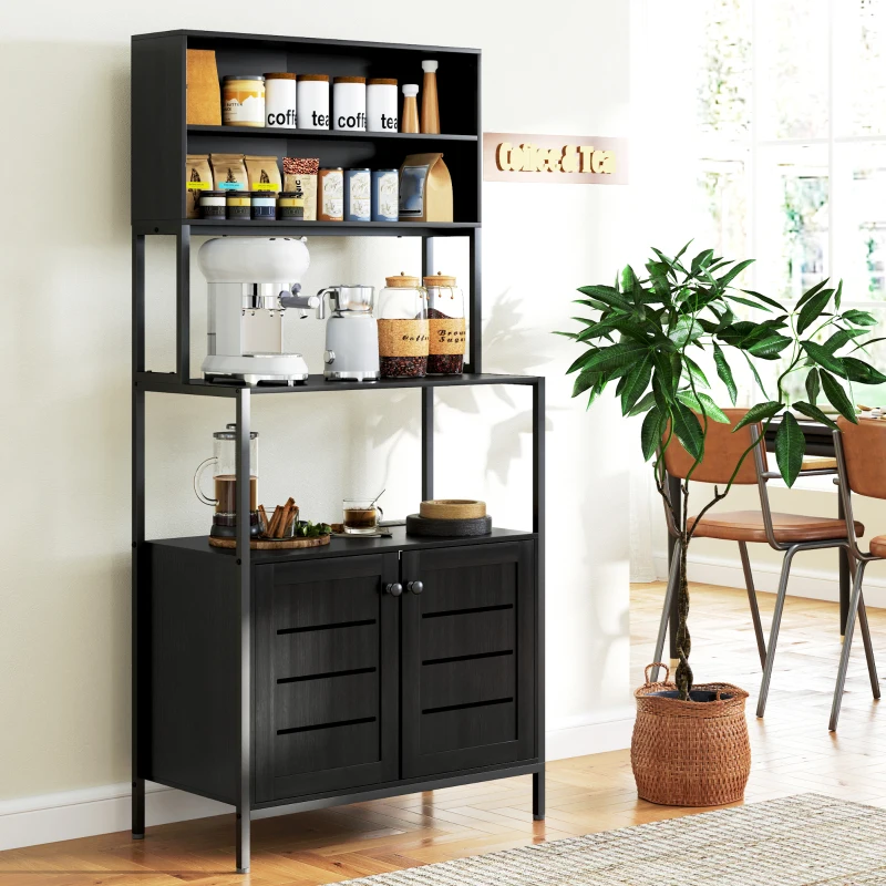 HOMCOM Baker's Rack with Power Outlet and Storage Shelves, Microwave Stand with Louvred Door Cabinets, Black