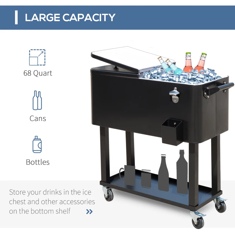 Outsunny 80 Quart Rolling Cooler Cart Portable Patio Ice Beer Beverage Cooling Bin for Outdoor Party w/ Bottle Opener & Storage Shelf Black
