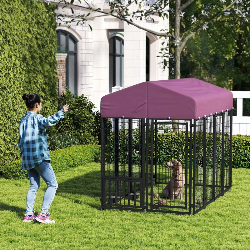 PawHut Welded Wire Outdoor Dog Kennel with 360° Rotating & 4 Levels Adjustable Bowls, Waterproof Cover, 7.9' x 4' x 6'