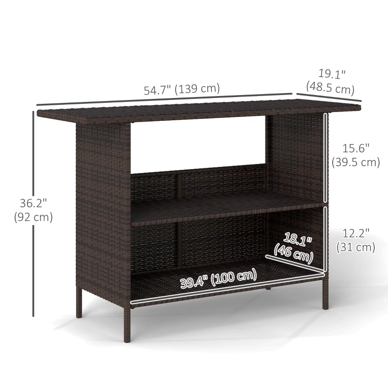 Outsunny Wicker Outdoor Bar Table, PE Rattan Bar Height Patio Table with 2 Shelves, Steel Frame for Garden, Backyard, Dark Brown