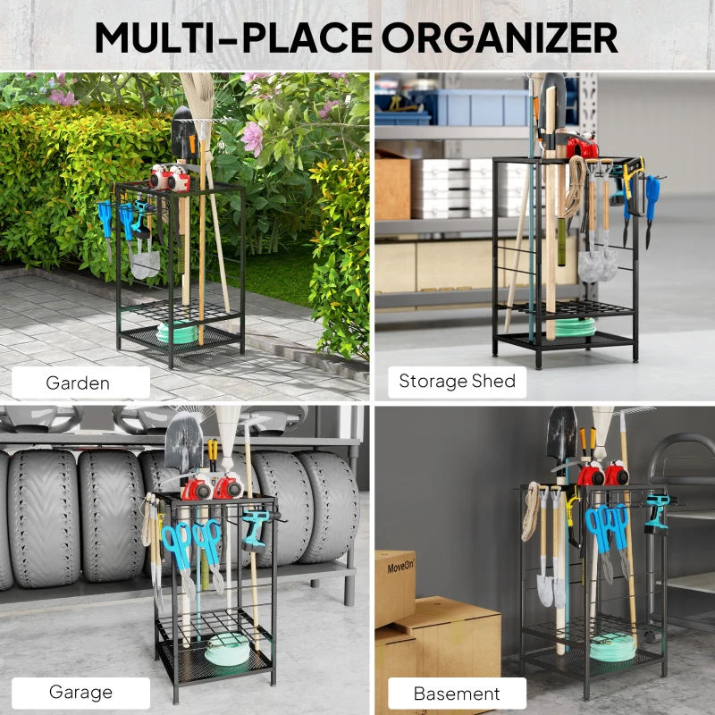 Outsunny 3-Tier Yard Tool Tower Rack, Garden Tool Organizer with 14 Hooks for Long-Handled Rakes, Shovel, Broom, Black
