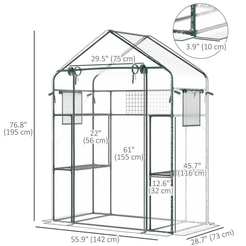 Outsunny Walk-in Greenhouse with 4 Shelves, 56" x 29" x 77" Mini Greenhouse ,Roll-Up Door, Mesh Windows for Seedling, Flowers, Plant Growing, Clear