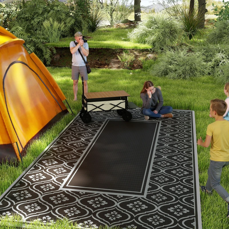 Outsunny Reversible Outdoor Rug, Waterproof Plastic Straw with Carry Bag, 9' x 18', Black & Gray Gourd Border