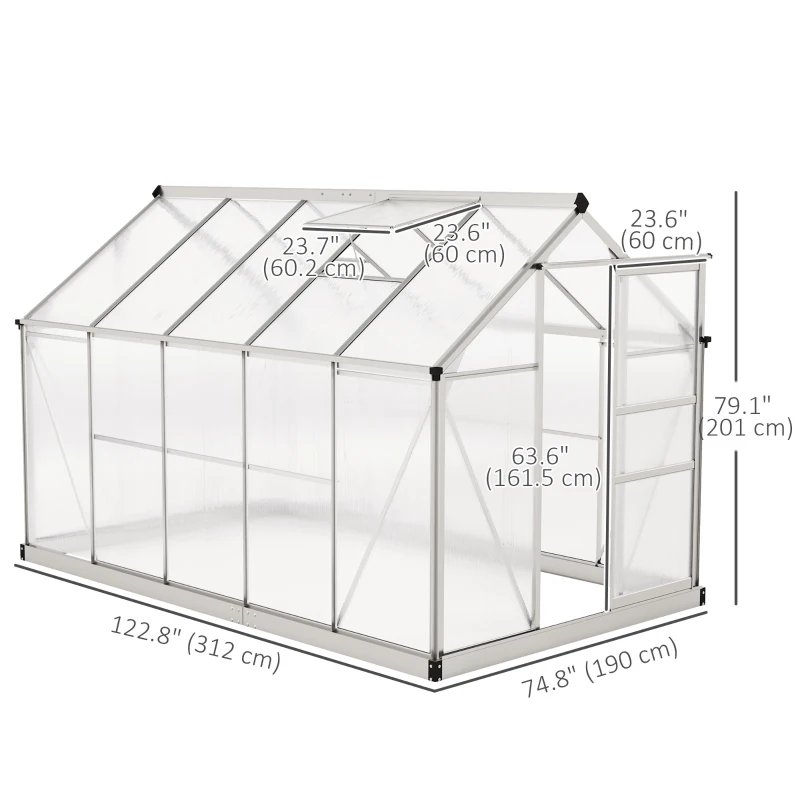 Outsunny 6' x 10' x 6.6' Polycarbonate Greenhouse, Walk-In Green House Kit Garden, Plants Grow, Galvanized Sheet Aluminum Frame with Rain Gutter, Vents and Sliding Door, Sliver