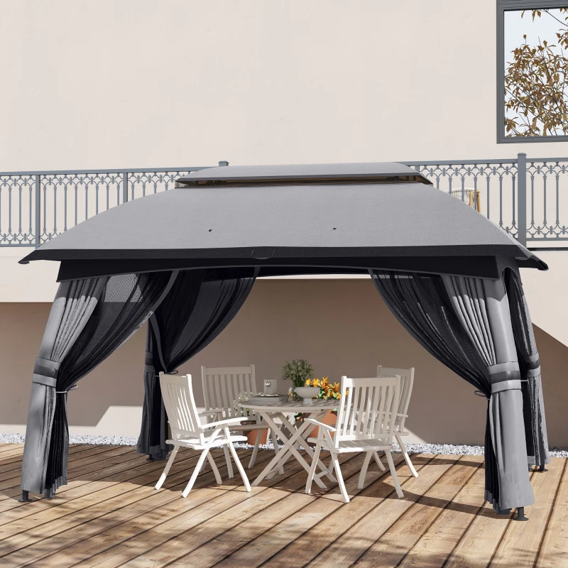 Outsunny 10' x 13' Patio Gazebo, Outdoor Gazebo Canopy Shelter with Netting, Vented Roof for Garden, Dark Gray