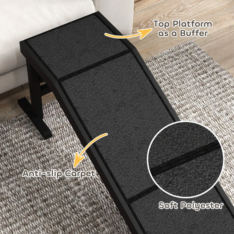 PawHut Pet Ramp Bed Steps for Dogs Cats Non-slip Carpet Top Platform Pine Wood 59"L x 16"W x 20"H Black