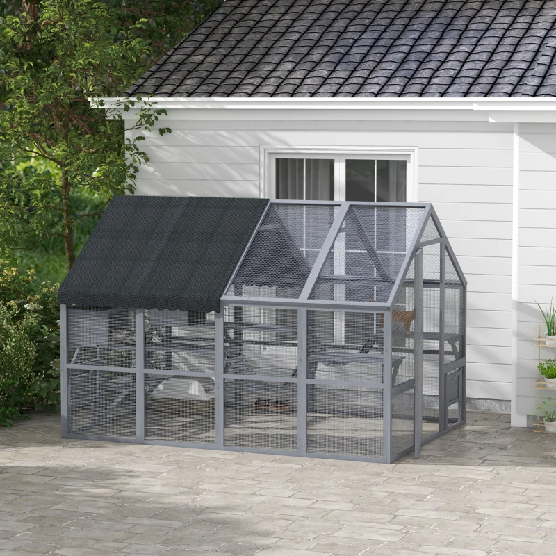 PawHut Wooden Catio Outdoor Cat Enclosure with Waterproof Cover, 2 Condos, 4 Platforms, Bridge, Doors, Gray